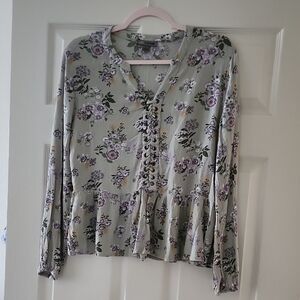 Love By Design Sage Green Floral Lace-Up Peplum Blouse